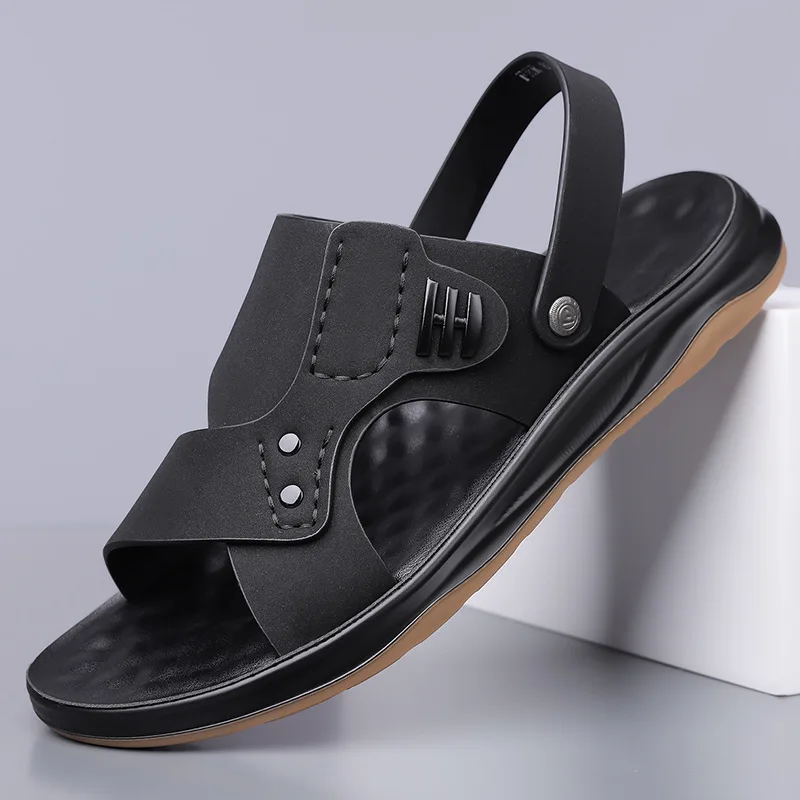 

Новая летняя обувь 2024, мужские кожаные сандалии, модные повседневные тапочки с мягкой латексной стелькой, крутая пляжная обувь