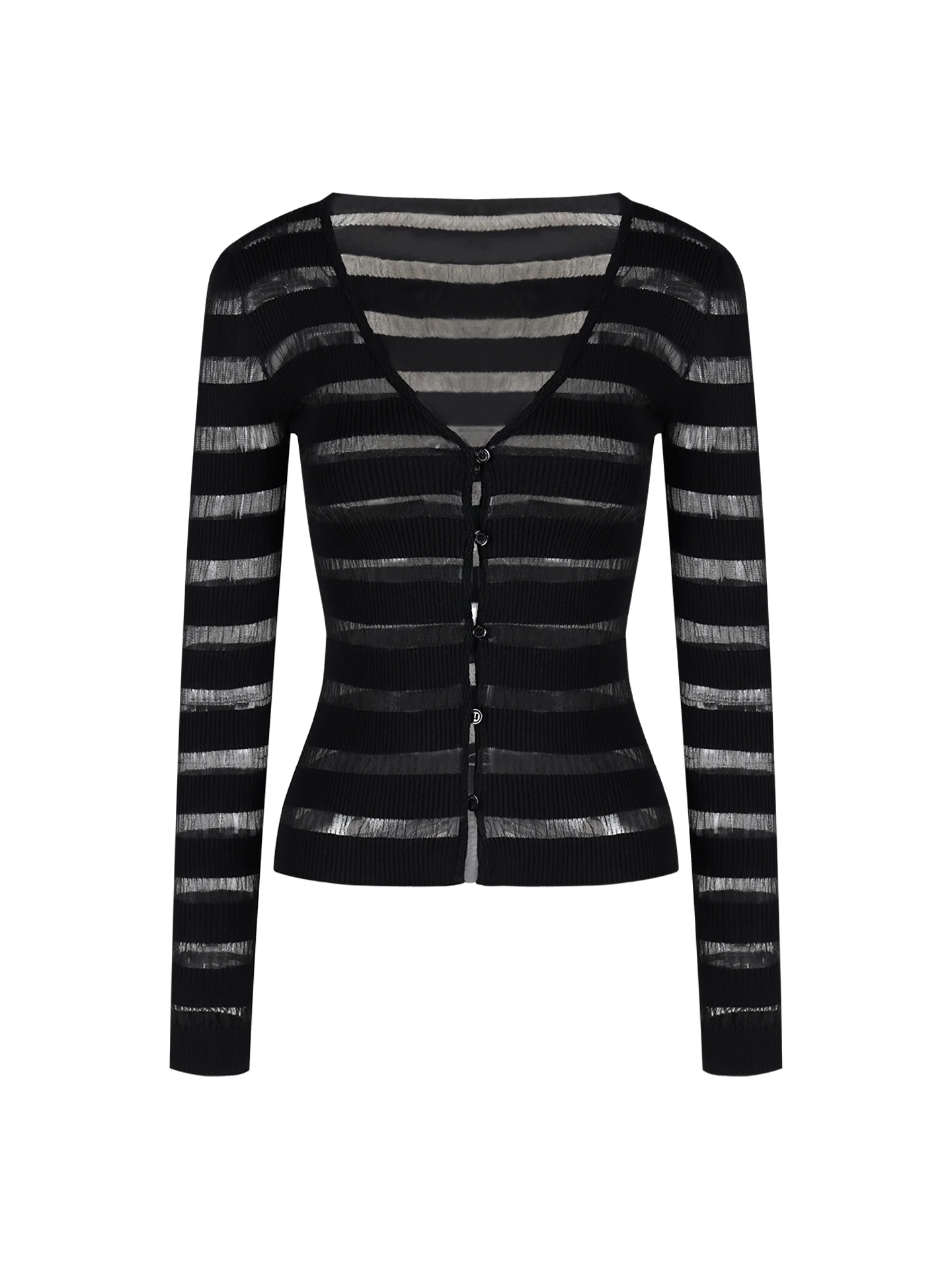 

Black Stripe Pure Desire V-Neck Long Sleeve Knitted Open Cardigan Women's Spring Design Slim Fit Waist Cinch Thin Base Top