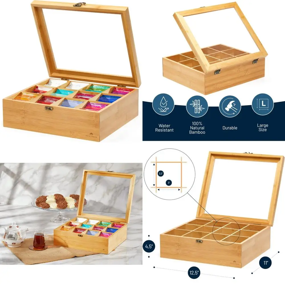 

Экологичный бамбуковый органайзер для хранения чая с акриловым окном, держатель для чайных пакетиков с 12 отделениями для хранения натурального чая