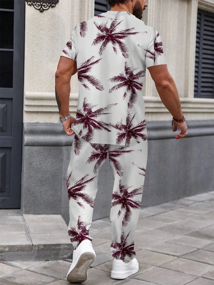 Frühling Sommer Anzug Zwei Stück Schlank Kurzarm Hosen Set Urlaub Sommer Palme Druck Lässige Mode Einfache Sportswear