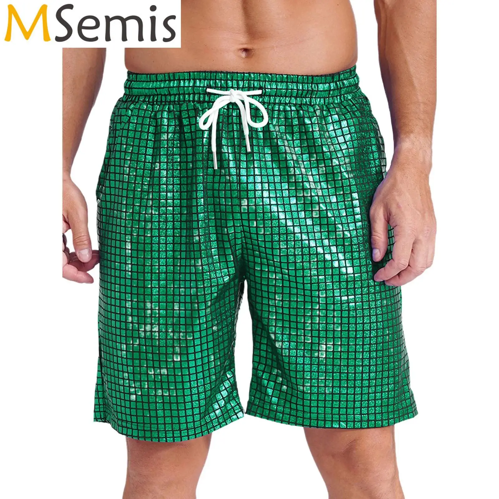 Mens Loose Beach Shorts Loungewear Shorts Checkerboard Metallic Shiny Swimming Boxer Shorts Drawstring Elastic Waistband Pockets