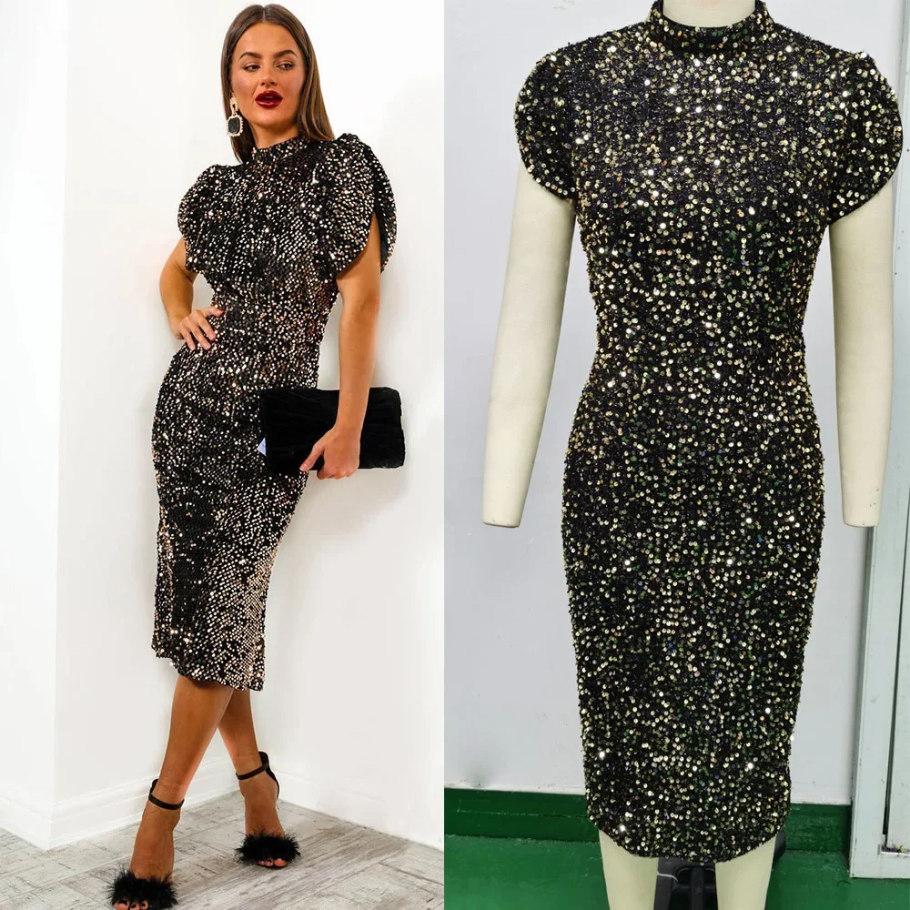 Women's Party Dress Sleeveless Shiny Sequins Luxury Evening Dress Sexy Short Sleeve Slit Midi Summer Formal Prom Dresses