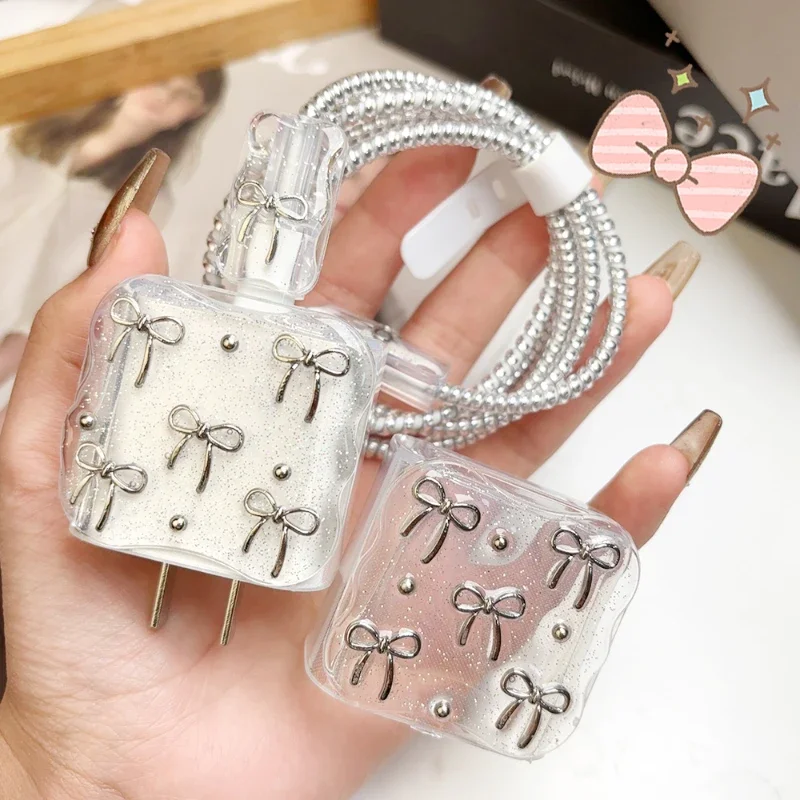 Transparent Cute Bowknot USB Charger Protective Cover For iPhone 18/20W Charger Adapter Clear Case Data Cable Winder Protector