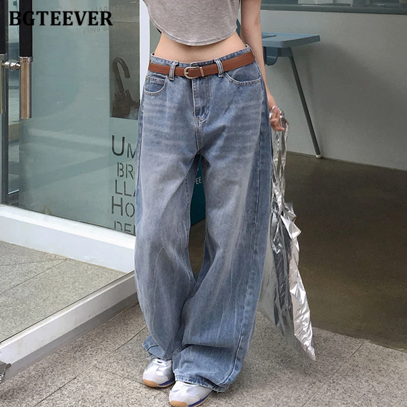 

BGTEEVER винтажные свободные карманы женские широкие джинсы брюки повседневные женские джинсовые брюки с надписью