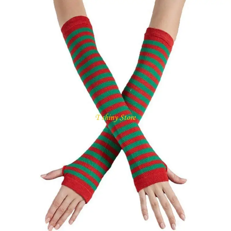 N58F Colorful Arm Gloves Festival Holiday Stripe Gloves for Cosplay Party Role Play Accessories Arm Sleeves Fingerless Gloves