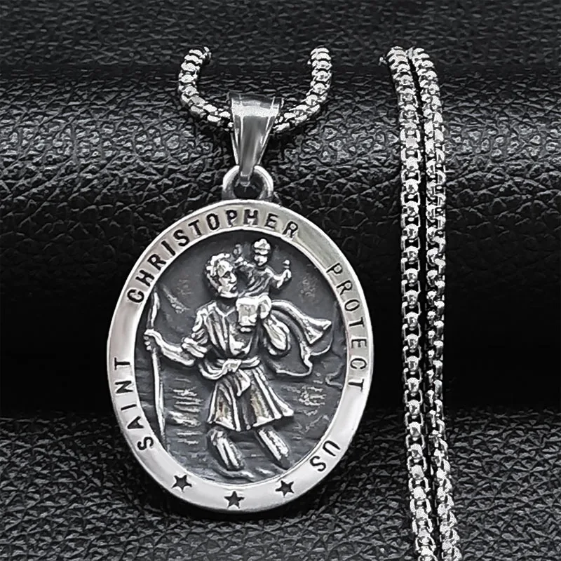 Saint Christopher Protect Us Cross Medal Necklace Stainless Steel Archangel Saints Protection Amulet Necklaces Jewelry