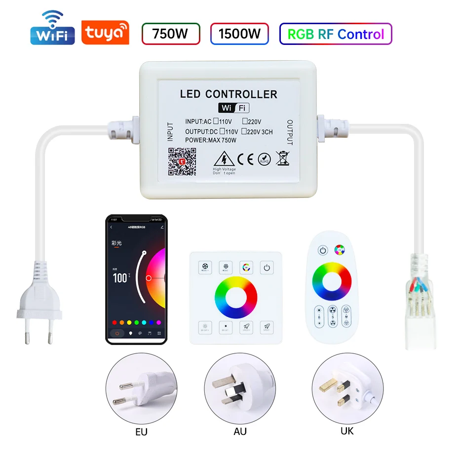 4Pin RGB LED Strip Controller 220V 1500W/750W RF Touch Panel Remote with Tuya WiFi /EU/AU/UK Plug for SMD 5050 Neon Strip Light