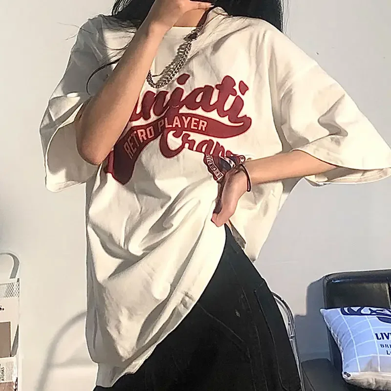 Summer Fashion Women's T Shirt Vintage White Short Sleeve Harajuku Tees Streetwear Korean Top Oversized Loose Y2k