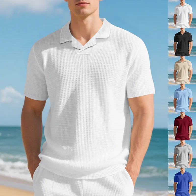 Summer Waffle Men's Polo Shirt Simple Loose Casual Short Sleeve T-Shirt