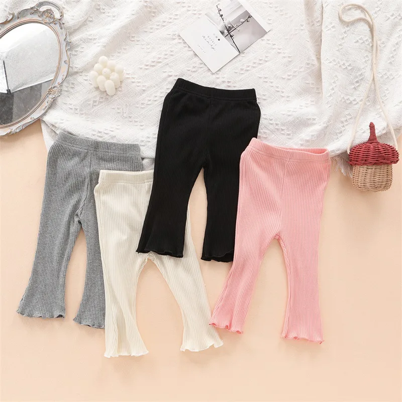 6M-4Y Baby Cotton Leggings Ruffle Trim Solid Color Flared Pants for Toddler Girls Elastic Waist Casual Trousers