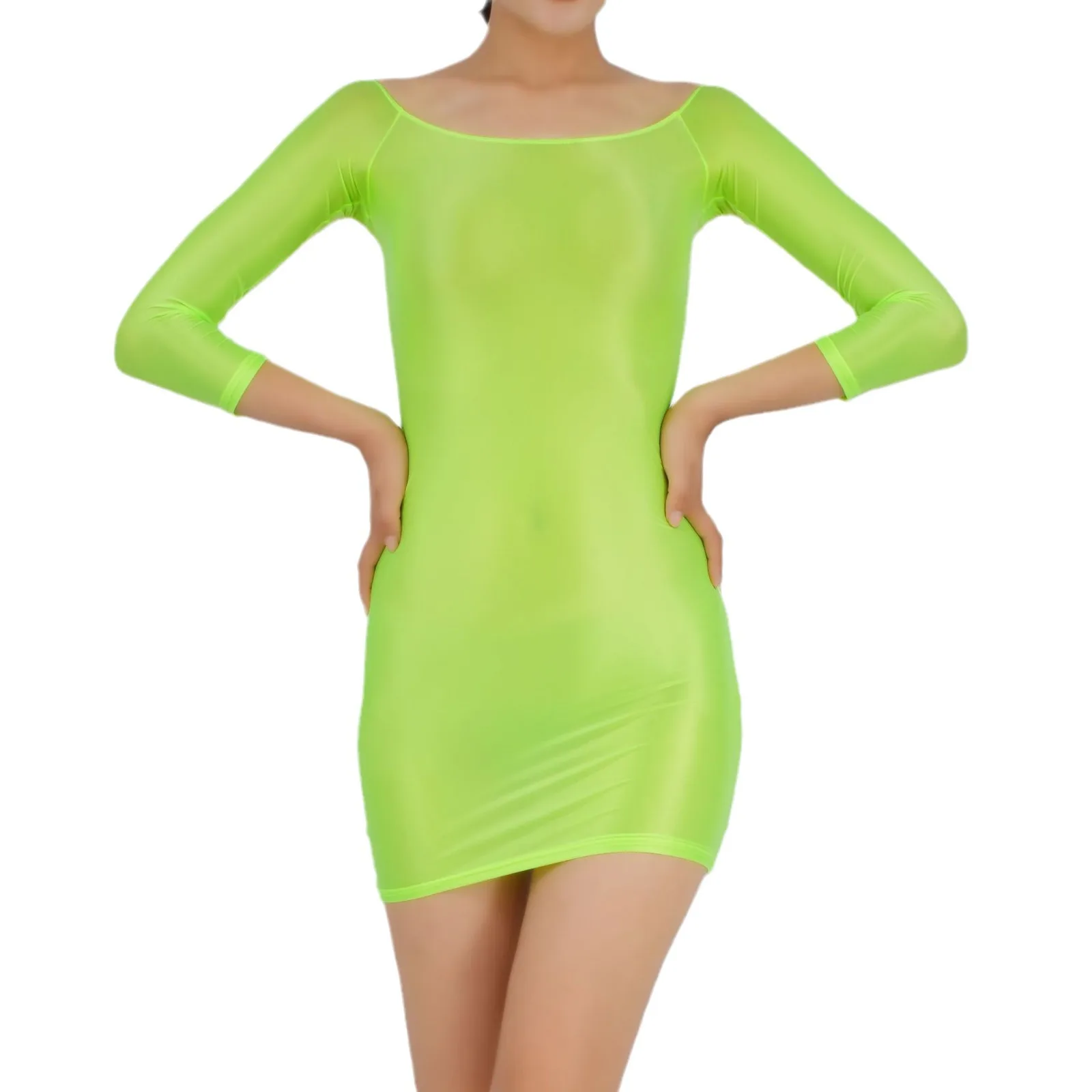 Mini vestido Sexy de Color caramelo para mujer, vestido ajustado brillante, transparente, elástico, sin hombros