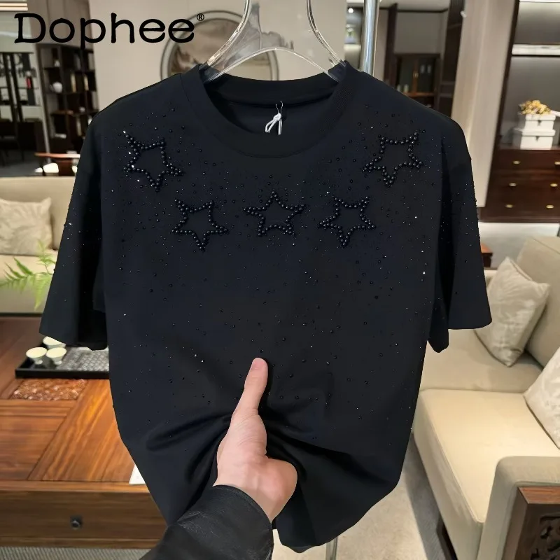 

2026 New Men's Korean Style Rhinestone Loose Round Neck Short Sleeve T-Shirt Summer Fashion Casual Trendy Men's Top