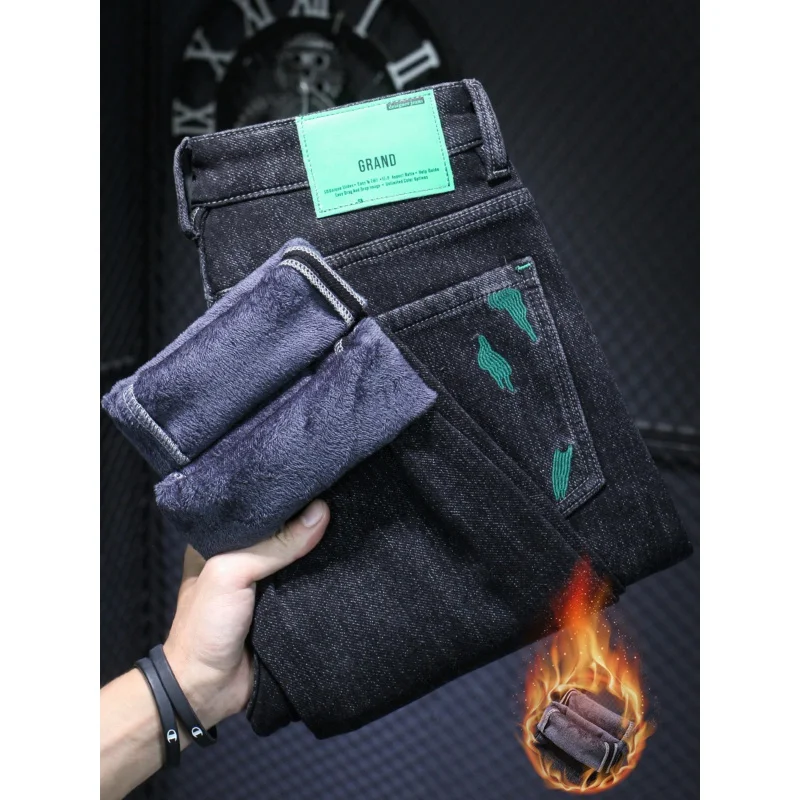 Winter Soft Fleece-Lined Thickened Jeans Men's High-End Personality Embroidered Slim Skinny Pants Warm Long Pants