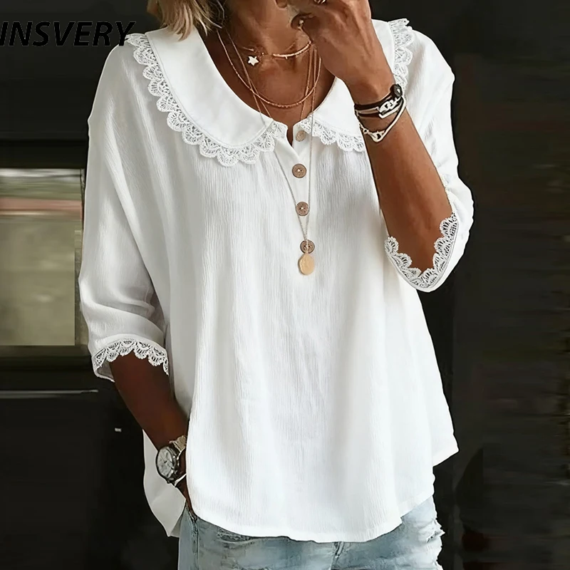 

Elegant Long Sleeve Blouse Women Turn Down Collar Button Shirt White Casual Loose Shirts For Women Solid Color Tops