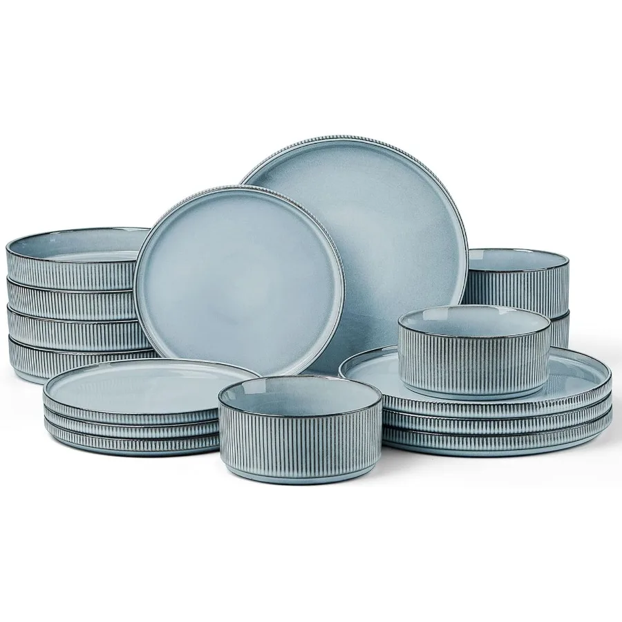 

Dinnerware Stoneware Sets with Pasta Bowls 16 Piece Plates and Bowls Set for 4 Ribbed Dishes Set for Home Microwave and Dishwas