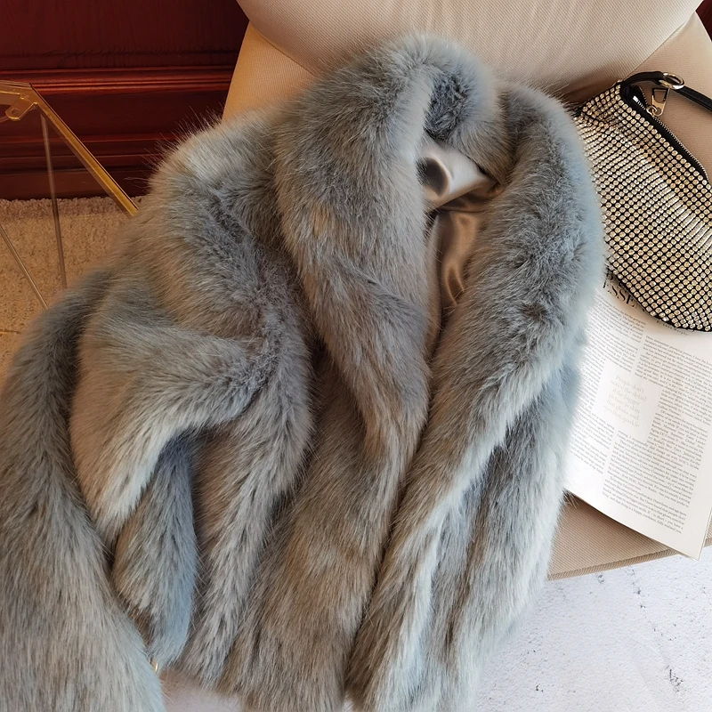 2021 Winter Women Shawl Collar Macaron Turquoise Faux Fox Fur Jacket Warm Soft Hairy Shaggy High Waist Short Coat  Outerwear