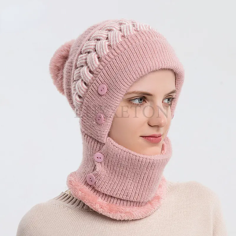 Winter Warm Knitted Beanies Thick Fleece Hats Pullovers Masked Hats for Women Windproof Caps with Scarf Outdoor Cycling