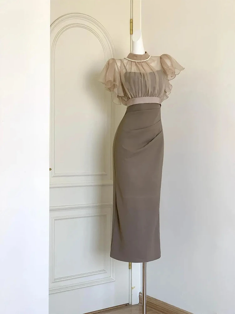 Summer New Style Women's Long Dress Two-Piece Set with Belt Slimming Lace Cover up Tank Top High Waist Flounce Hem Sweet Style