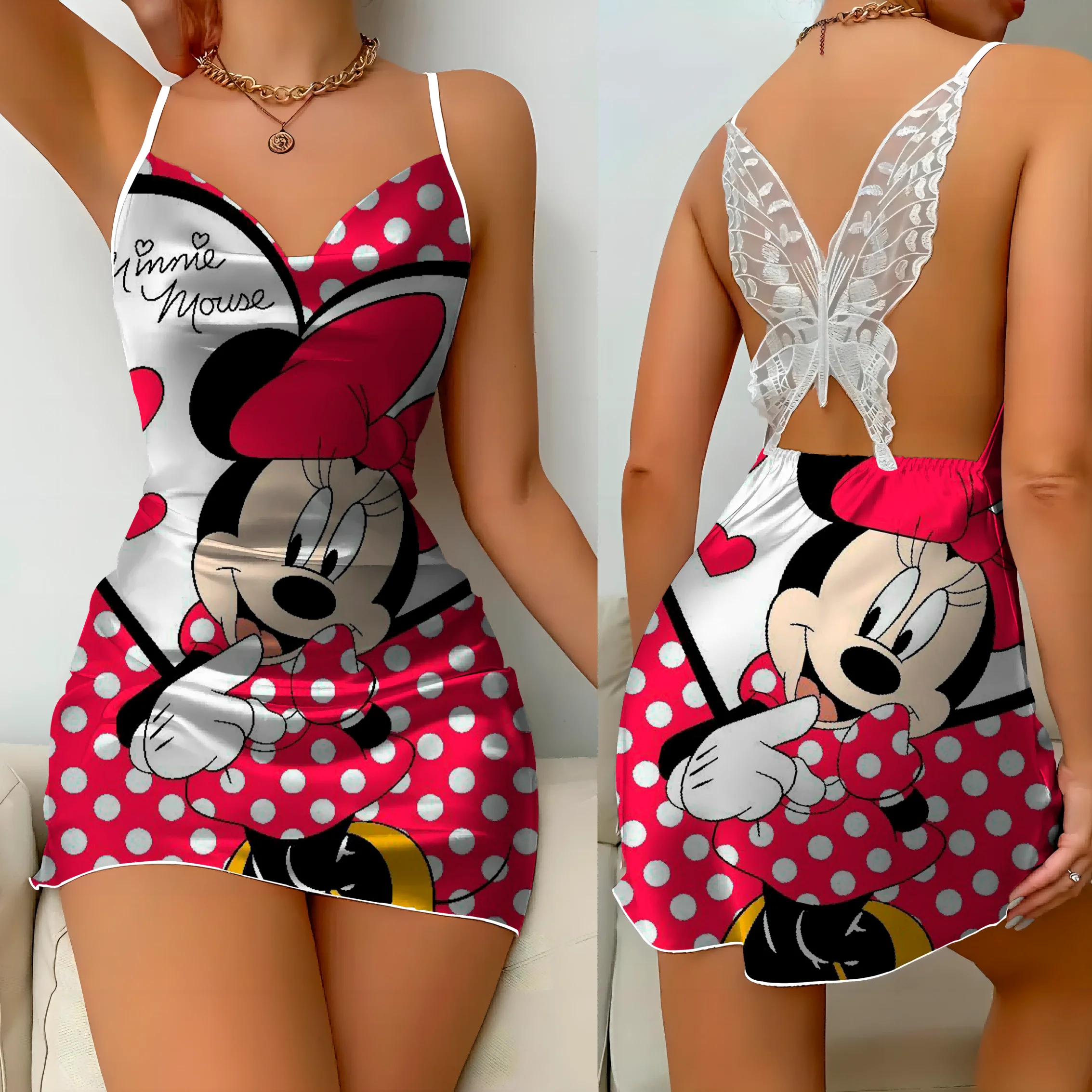 Pajama Skirt Backless Dress Bow Knot Sexy Dresses Disney Mickey Satin Surface Minnie Mouse Womens Fashion Summer 2024 Party Mini