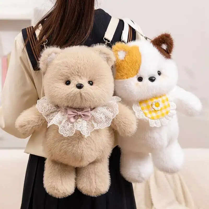 Kawaii creativo animale gatto zaino in peluche orso elefante pecora bambola fiocco morbido peluche borsa a tracolla regalo di compleanno