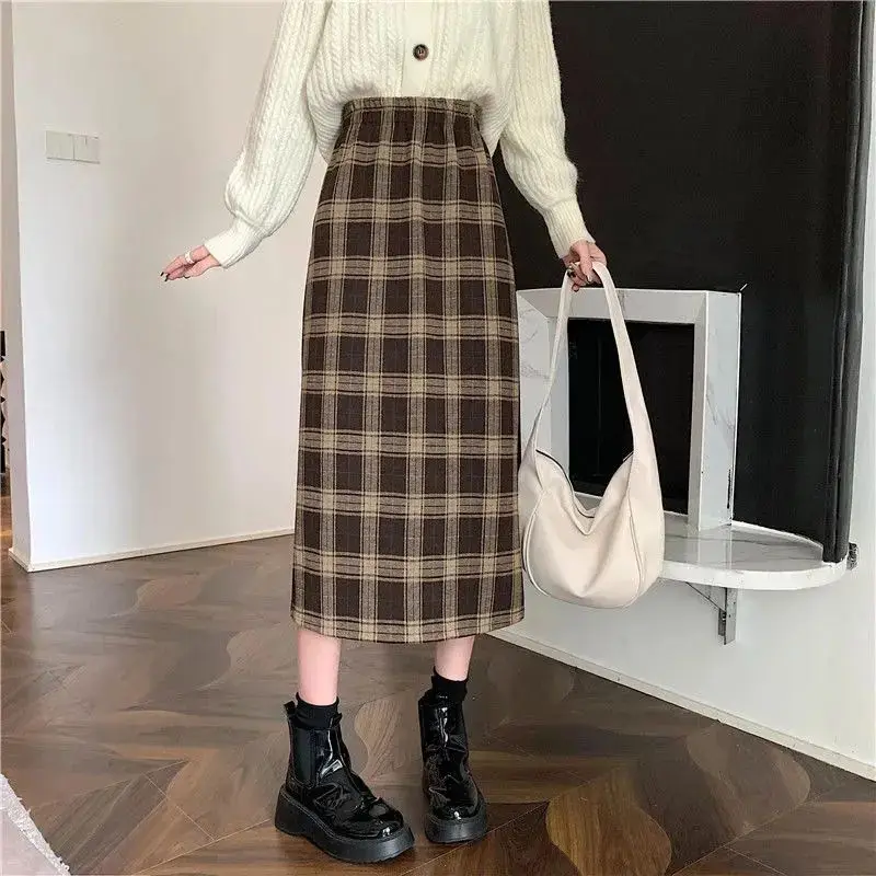 Faldas de cintura alta a cuadros Vintage para mujer, de línea a ropa de viaje, faldas Midi elásticas coreanas divididas, moda informal, Otoño e Invierno