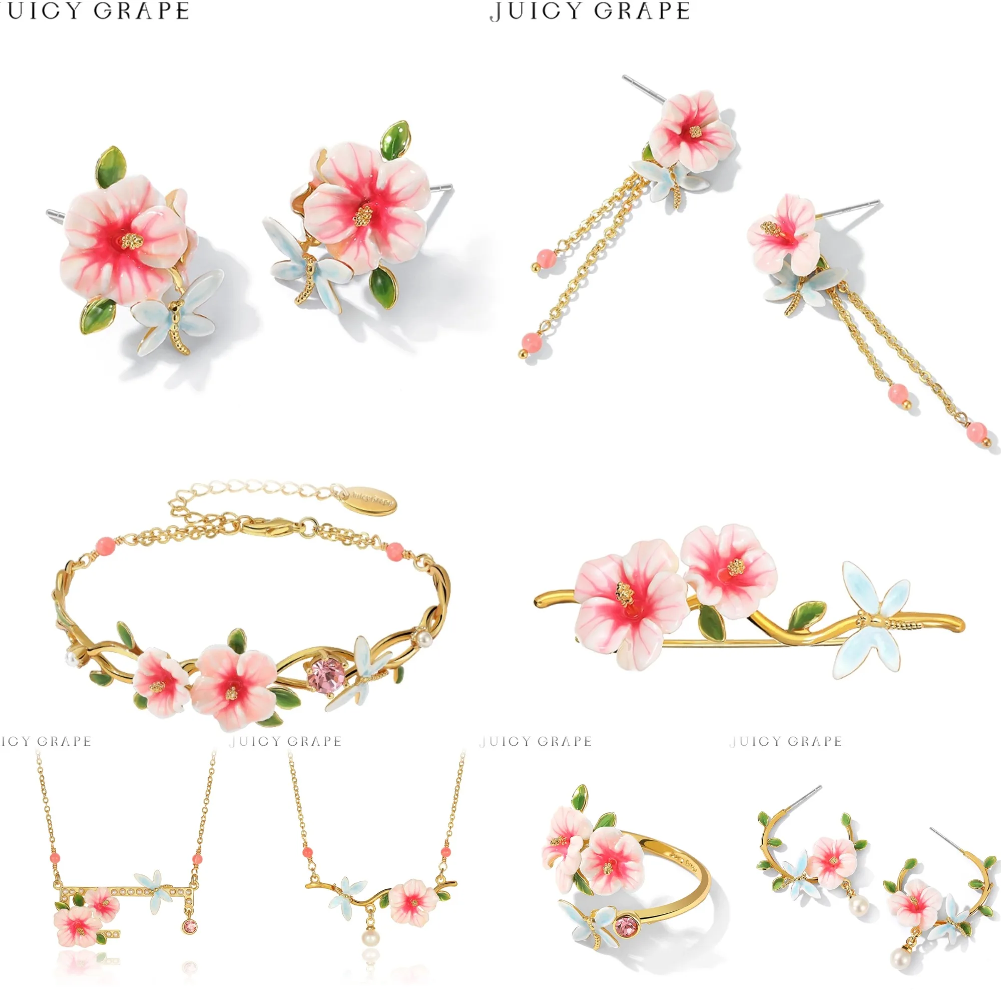 

Juicy Grape Hibiscus Enamel Jewelry Set Gold platin Earrings Necklace Ring Brooch Bracelet Exquisite Gifts Fine Jewelry Enamel