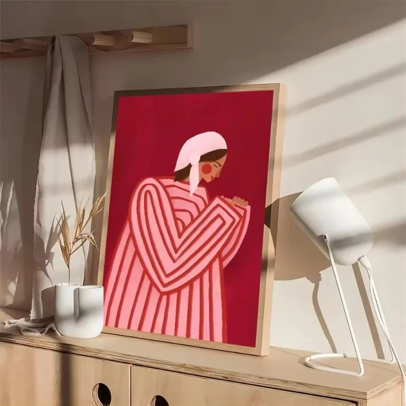 Modern Abstract Wall Art - Woman Relaxing on Red Orange Striped Couch - Large Canvas Print Decor - Unique Line Drawing Unframed