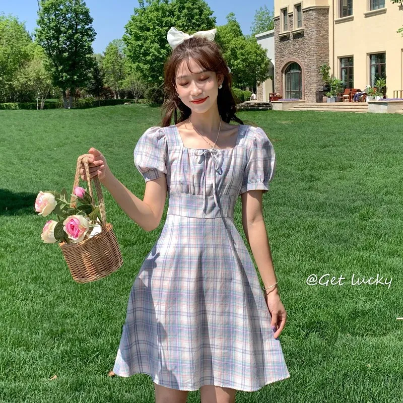 

Women Summer Cottagecore Dress Fairy Bow Puff Short Sleeve Square Slim Dresses 2024 New Fashion Elegant Vintage Beach Party Wear
