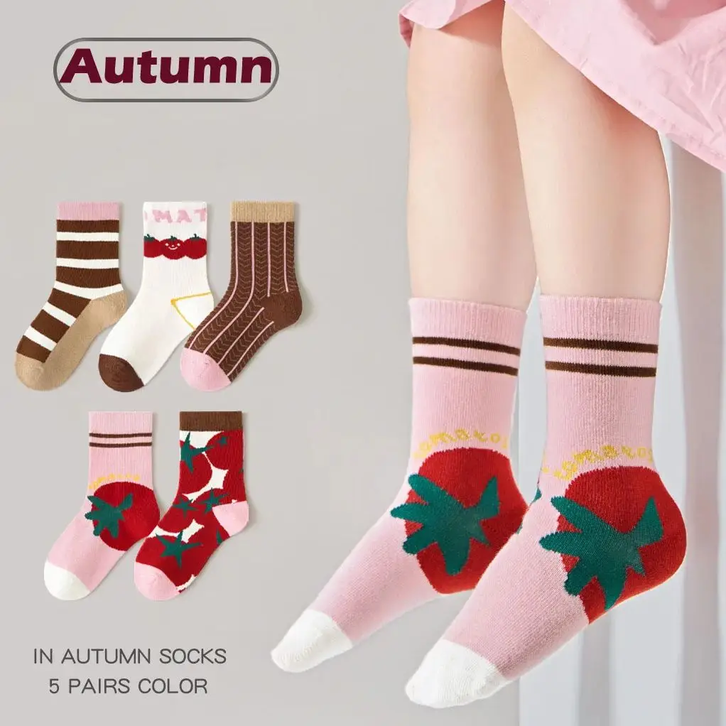 5 Pairs Autumn Socks Girls Cute Pattern Socks A Class Cotton Baby Socks Mid Calf Length Socks