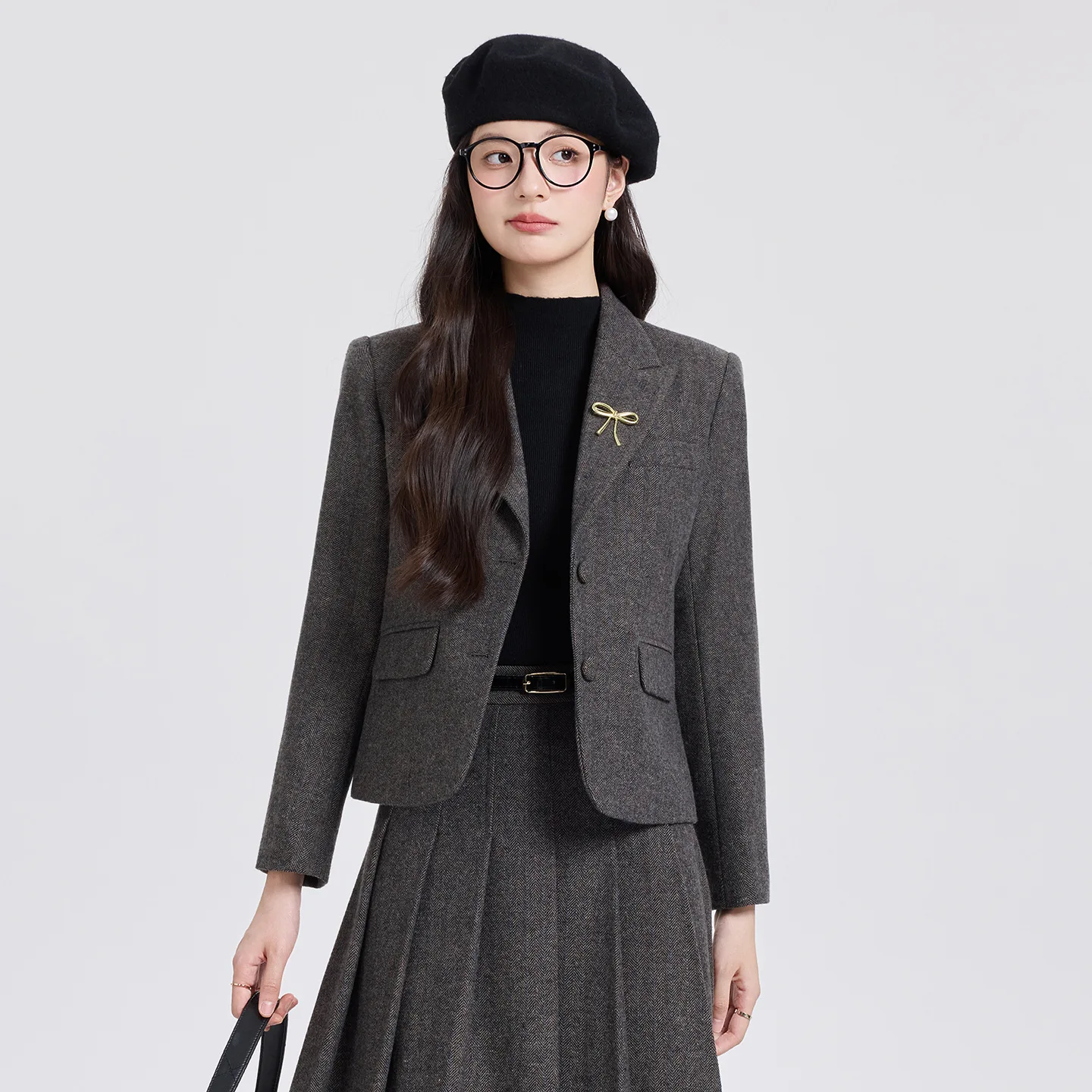 

Fashion Commuter Suit for Women Winter New Castle Gray Suit Short Double Breasted Blazer Coat+ A-Line Skirt Two-piece Set Female