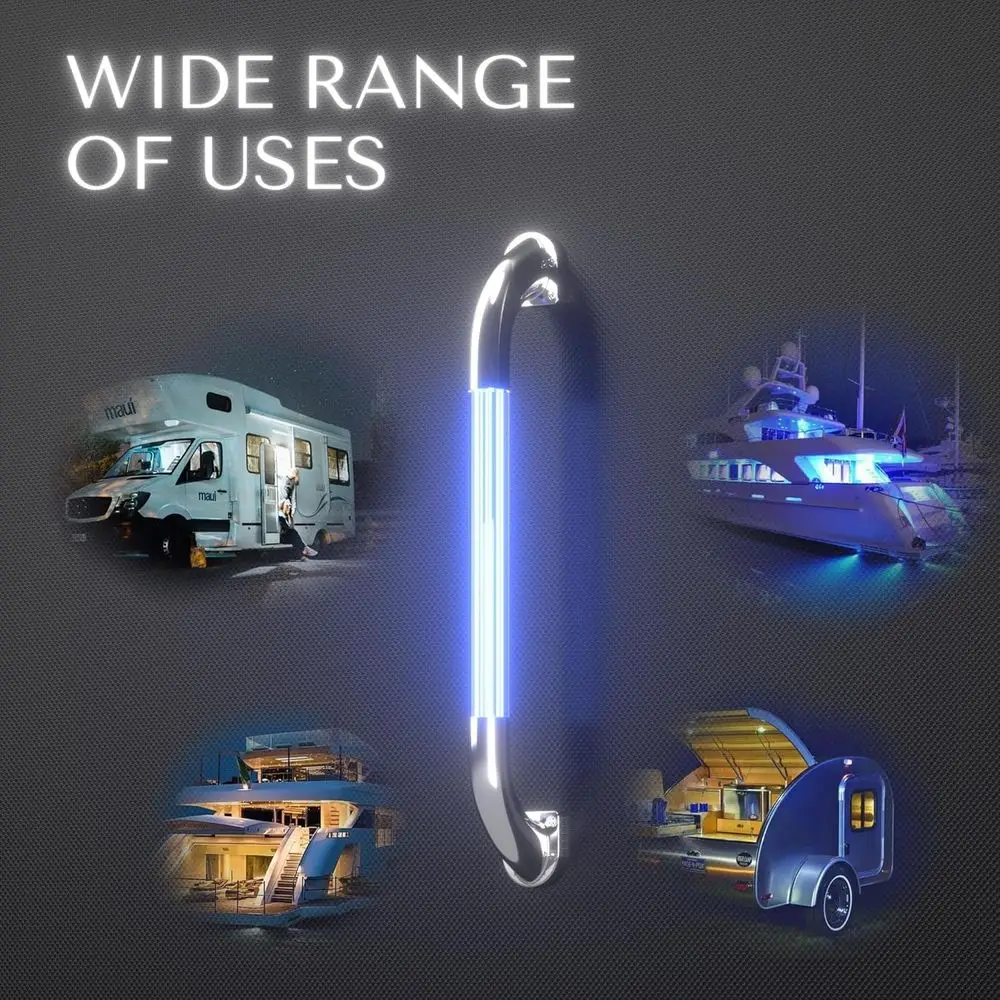 مقبض باب RV LED أزرق، مقبض باب RV للتخييم مقاس 18 بوصة، بديل درابزين مصقول للمرآة لليخوت البحرية