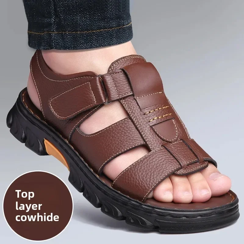 

New Men's Sandals Cow Leather Beach Shoes Outdoor Non-Slip Thick Sole Roman Style Casual Slippers for Summer Sandalias Hombre