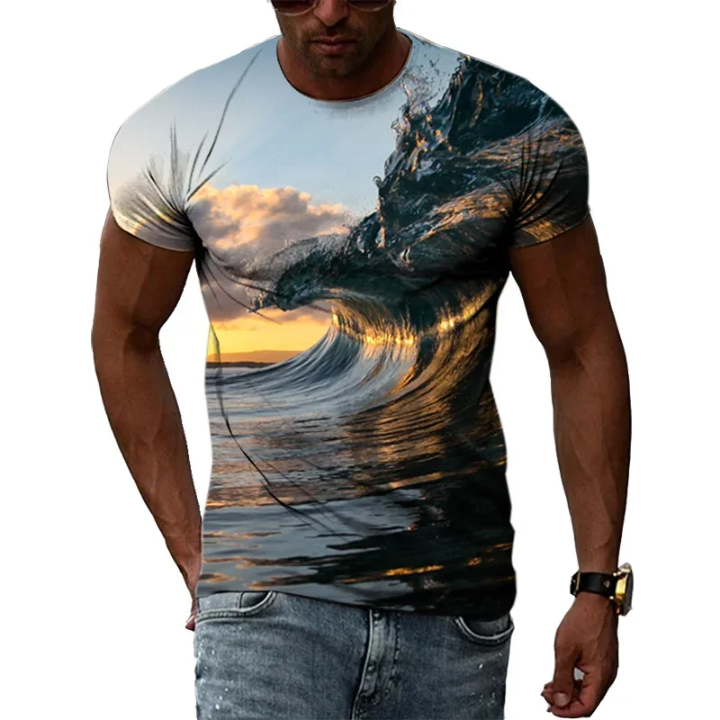 Summer fashion beach short sleeved wave pattern T-shirt 3D printed T-shirt loose casual round neck pretending men's T-shirt