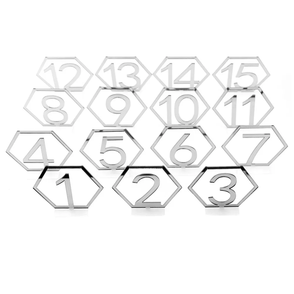 Silver Acrylic Table Numbers 1 to 15 Hollow Hexagon Reusable Wedding Banquet Party Catering Decor Set