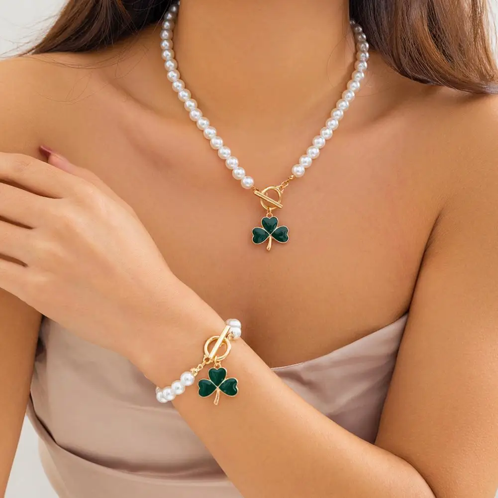 1 Set Women Necklace Bracelet Set Faux Peral Clover Pendant Lady Choker Party Prom Beer Festival Banquet Jewelry Set Ожерелье