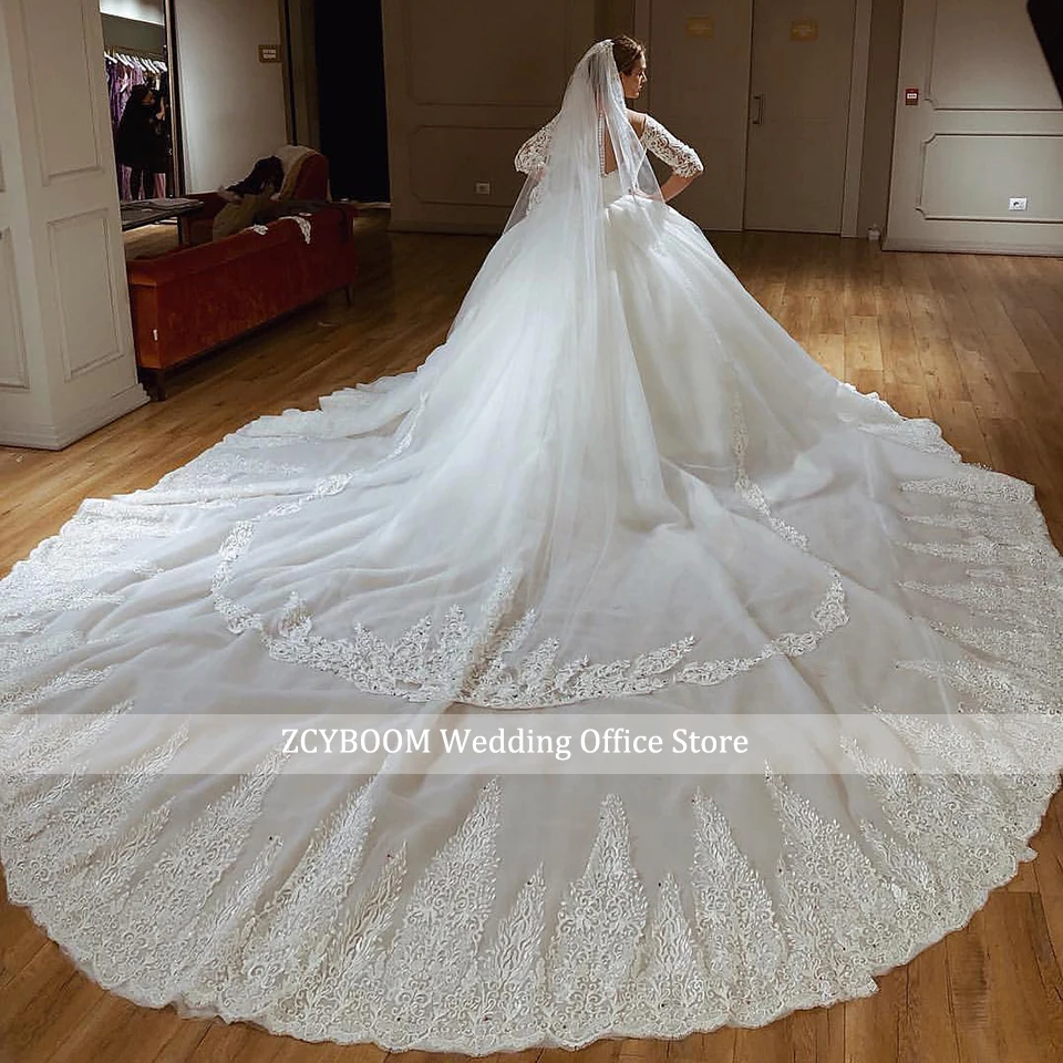 Princess Ball Gown Long Sleeves Wedding Dresses 2026 Off Shoulder V-Neck Lace Appliques Chapel Train Bride Gown Vestido De Novia