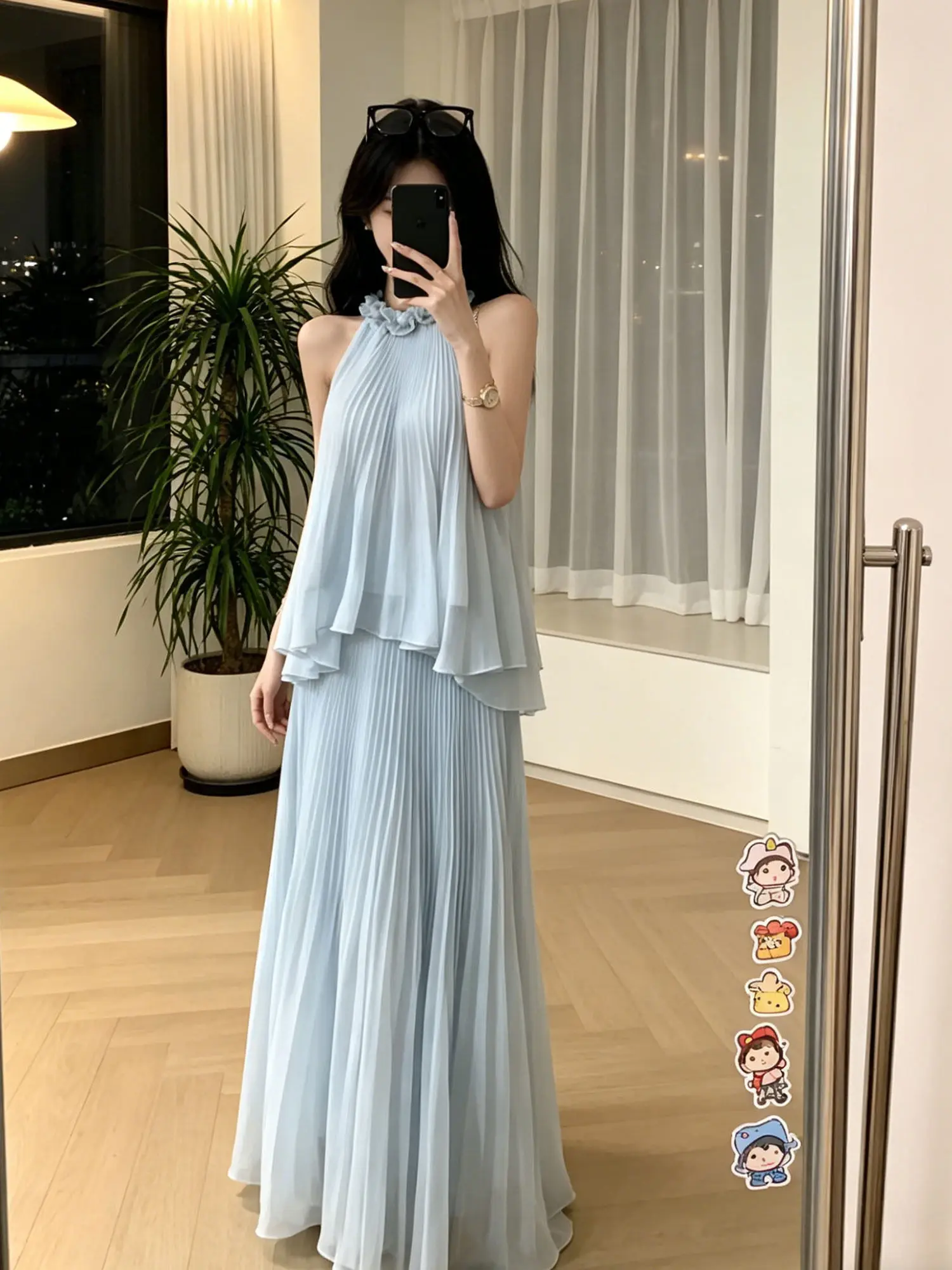

Elegant Pastel Blue Chiffon Two-piece Set with Necklace Long Sleeveless Dress And Half-length Skirt for Women Summer Vacation...