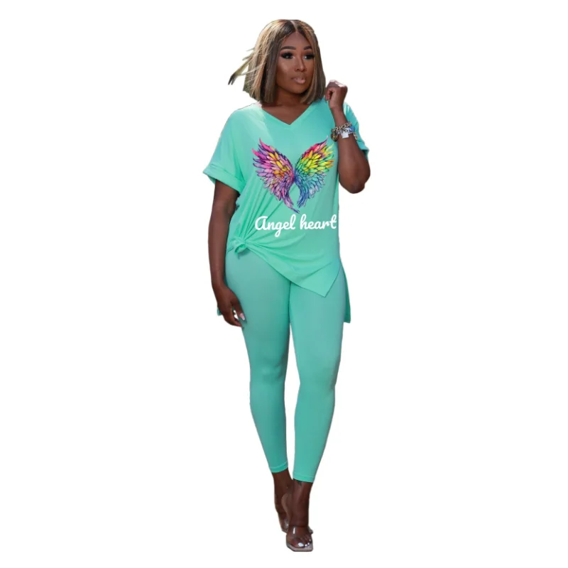 WSFEC L-3XL 2023 Plus Size Summer Outfits Two Piece Sets Women Clothing Short Sleeve Wing Pattern Loose Casual Sport Pant Suits