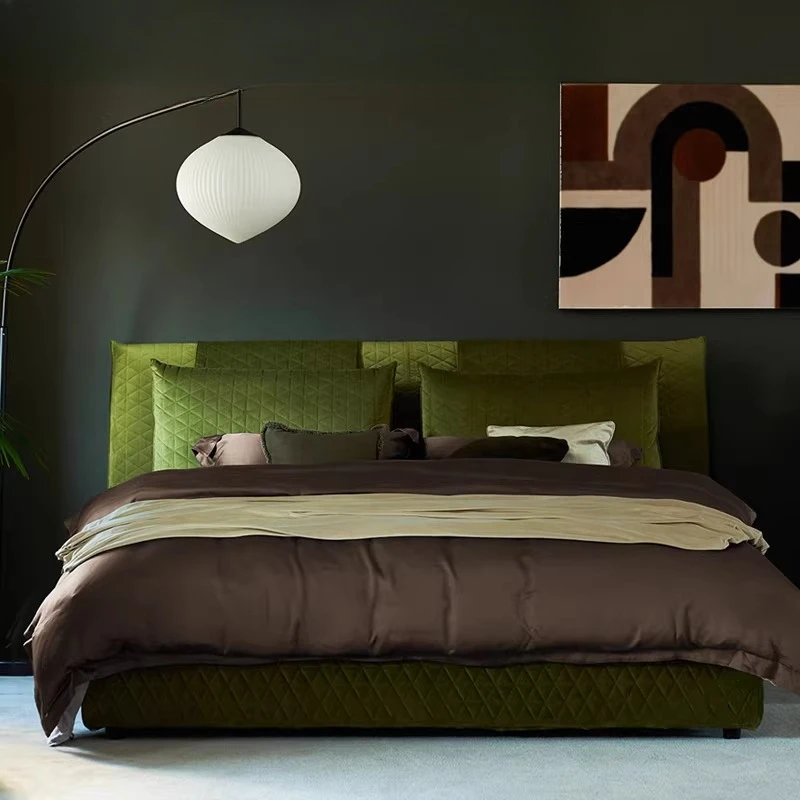 Bed, master bedroom light luxury velvet art, American retro double bed