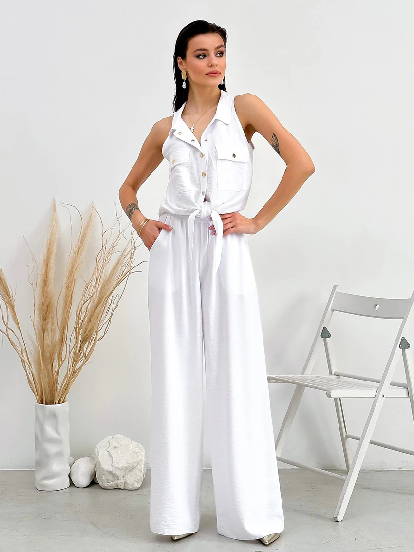 

Marthaqiqi White Fashion Women'S Nightwear Suit Sleeveless Pajamas Turn-Down Collar Nightgowns Pants Autumn Ladies Sleepwear Set