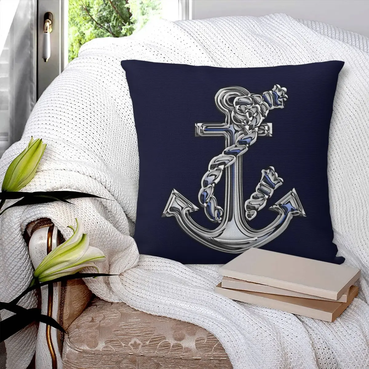 Chrome Style Nautical Rope Anchor Applique Square Pillowcase Pillow Cover Cushion Decor Comfort Throw Pillow for Home Bedroom