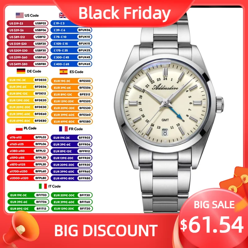 ADDIESDIVE Calendar Display GMT Watches AD2065 reloj hombre Bubble Mirror Glass Luminous Quartz Watch 100m Waterproof WristWatch