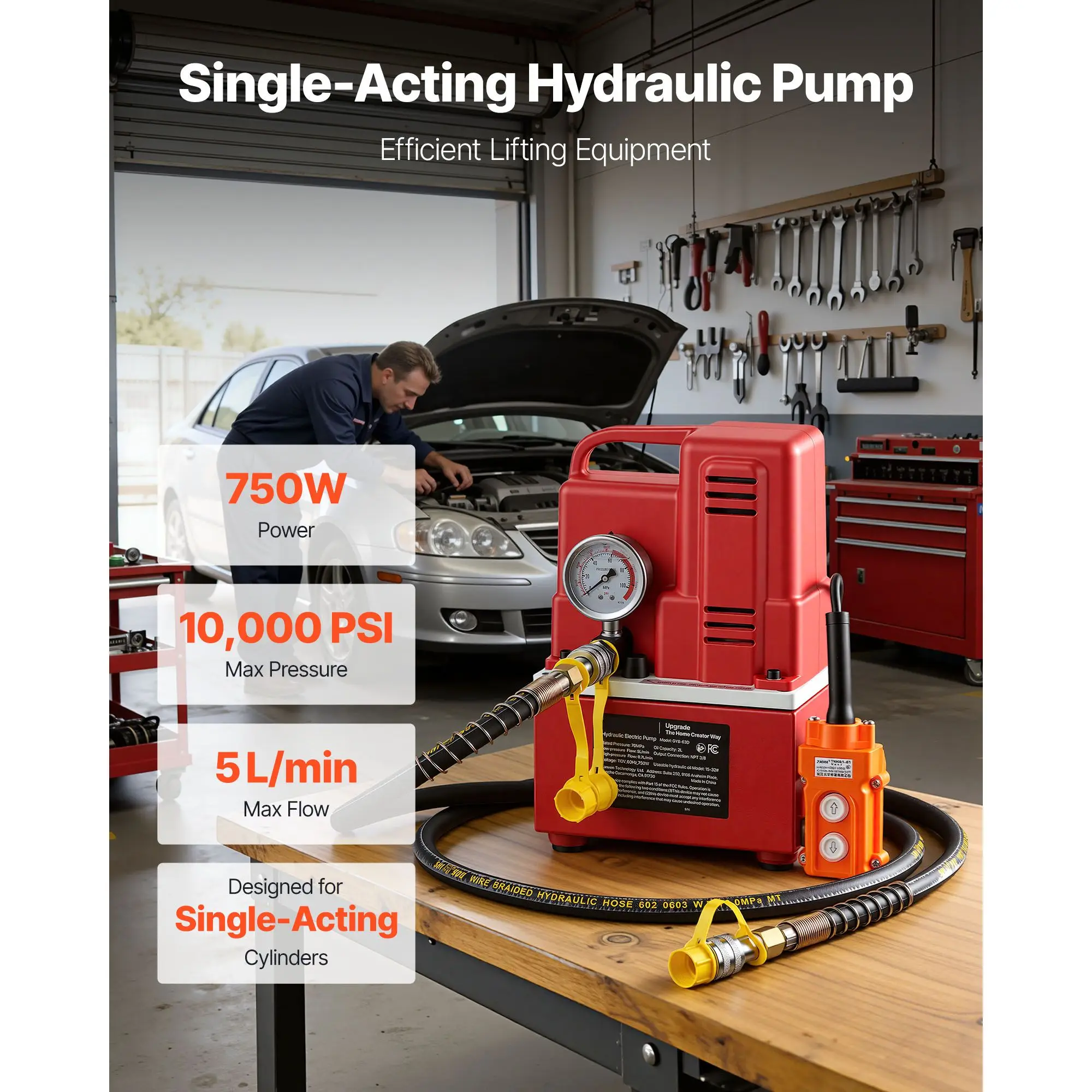 

Electric Hydraulic Pump, 750W 10,000 PSI, 120V Single Acting Electric Driven Hydraulic Pump Power Pack Unit, with Solenoid