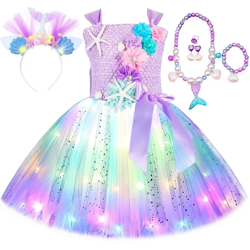 

Princess Mermaid Dress for Girls LED Light Up Ocean Themed Birthday Party Tutu Dress Clothes Halloween Costume for Kids Vestidos