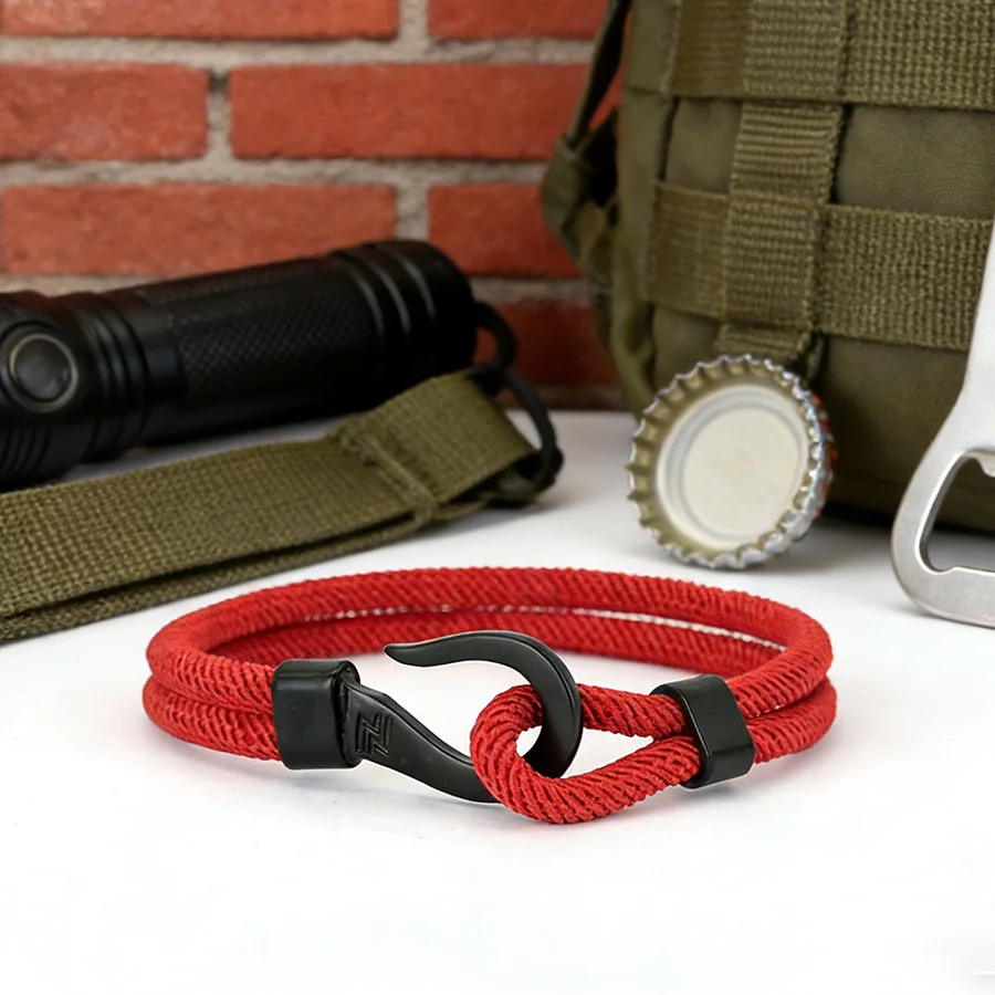 Nautical Fishhook Chain Cord Bracelet Men Handmade Bilayer Durable Nylon String Braslet Surfing Camping Sports Homme Accessories