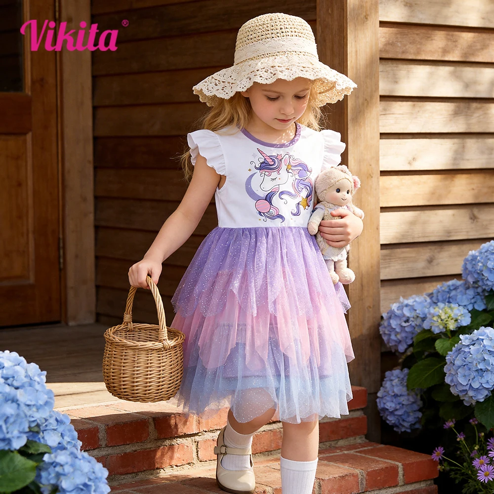 Mädchen Einhorn Tutu-Kleid Kinder Rüschenärmel Sommerkleider Kinder Mehrlagiges Stufenkleid mit Farbverlauf Tüll Geburtstagsparty Prinzessinnen-Kleid
