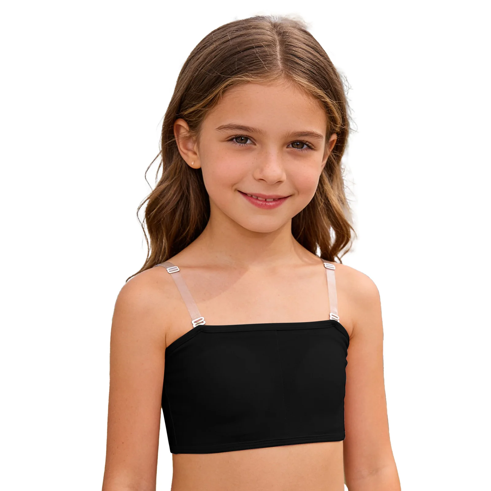 Girls Removable Chest Pads Bra Vest Strapless Tube Top with Removable Transparent Shoulder Straps for Ballet Dance Gymnastics
