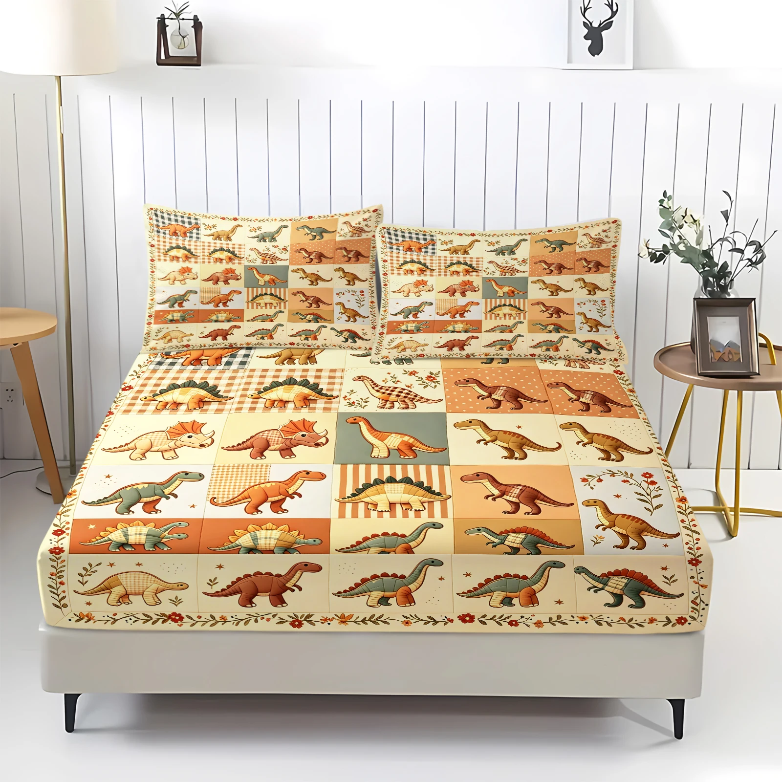 3Pcs Dinosaur Patchwork Fitted Sheet Set Retro Plaid Dino Print Bed Sheet Set Elastic Deep Pocket Multi Dinosaur Pattern Bedding