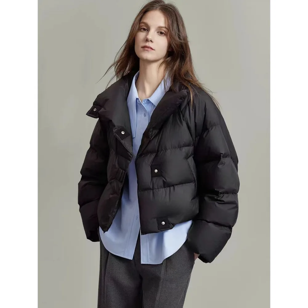 Chic Design Cropped Jacket Winter Short Puffer Jacket Women Clothing Cotton-padded Coats Warm Stand-up Collar Coat Bread Jackets