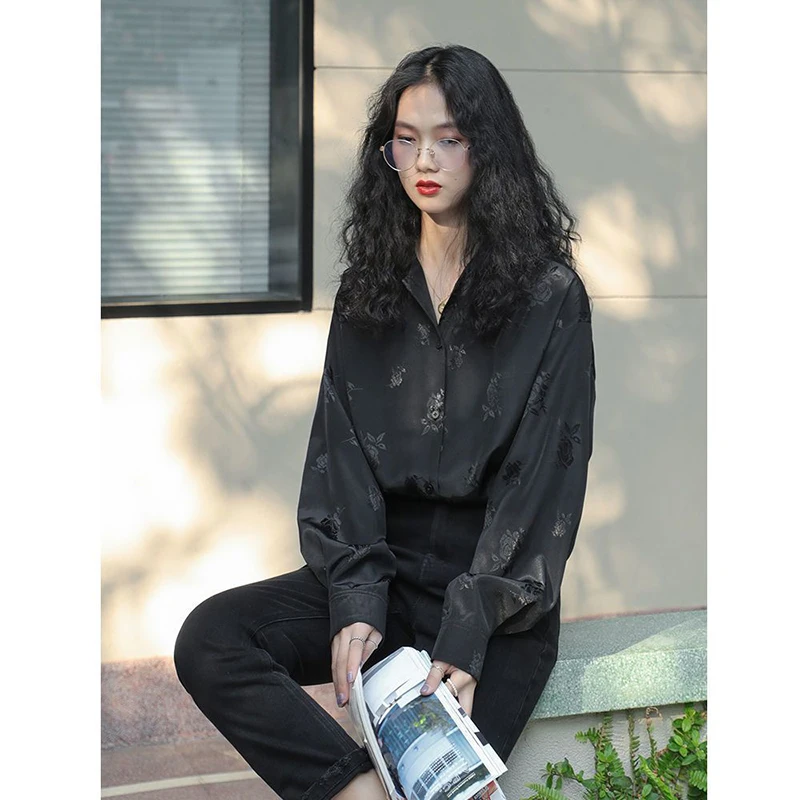 MEXZT Vintage Satin Shirts Women Harajuku Floral Print Long Sleeve Blouses Korean Streetwear Retro Oversized Loose Casual Tops